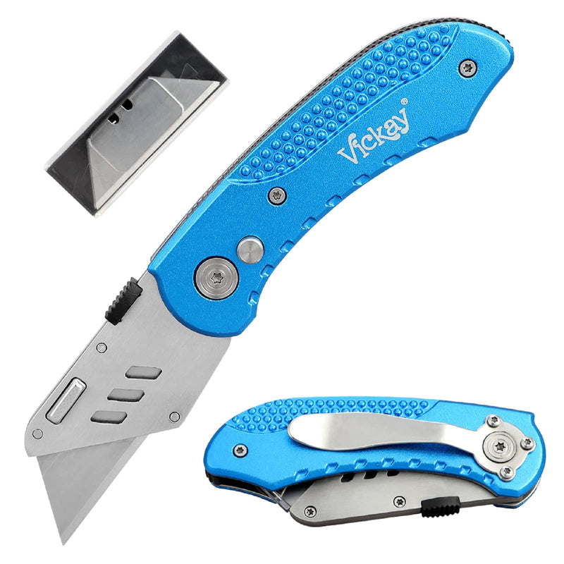 Folding Utility Knife Heavy Duty Box Cutter with 5 SK5 Quick Change Blades, Safety Axis Lock Design Razor Knife, Lightweight Aluminum Body Belt Clip for Office Blue