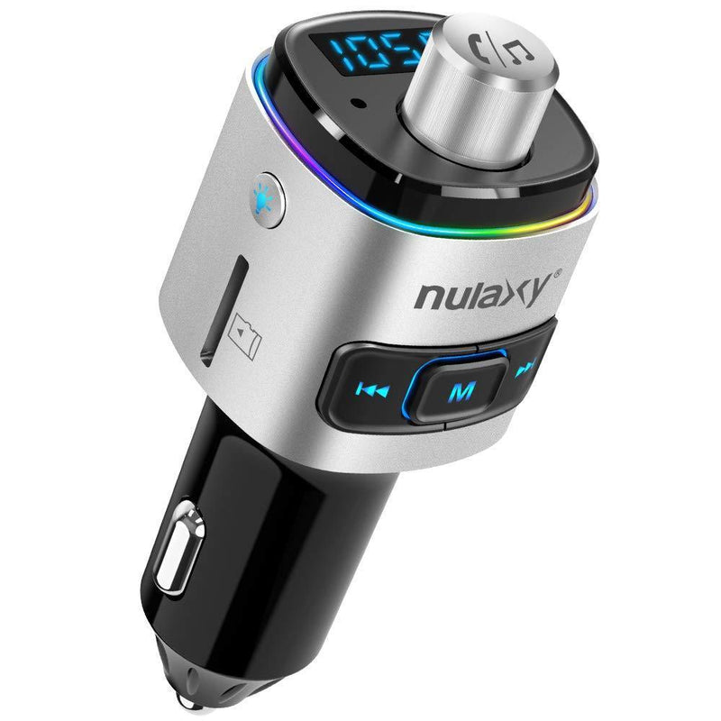 Nulaxy Bluetooth FM Transmitter for Car, 7 Color LED Backlit Bluetooth Car Adapter with QC3.0 Charging, Support Siri Google Assistant, USB Flash Drive, microSD Card, Handsfree Car Kit (A- Silver) A- Silver