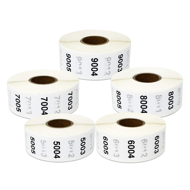 5000 Labels - 5001 to 10000 Consecutive Number Sticker Bundle for Inventory Counting Warehouse Quatlity Control (1 inch, Round - 5 Rolls) 5001 - 10000