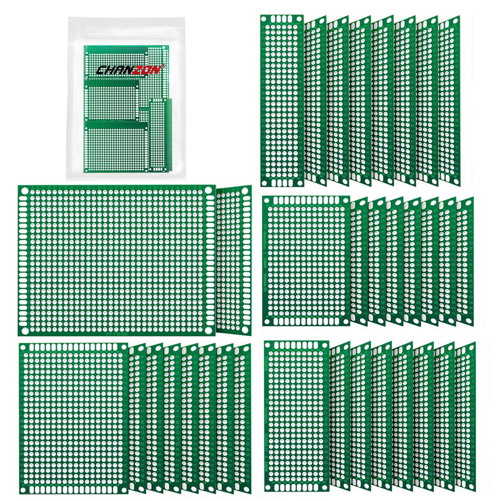 Chanzon 34 Pcs Double Sided PCB Board Tinned Through Holes (5 Sizes 2X8 3X7 4X6 5X7 7x9) Prototype Kit FR4 Printed Universal Circuit Perfboard for DIY Soldering Project Compatible with Arduino Kits