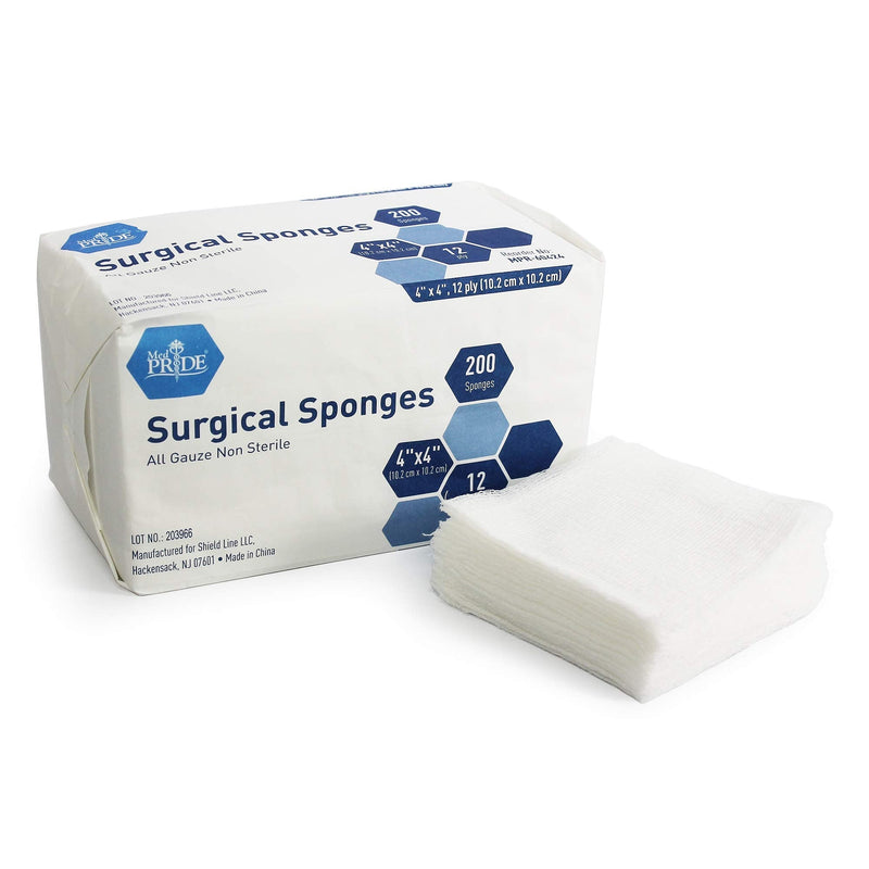Medpride Gauze Surgical Sponge | 4”x 4”| 12-ply Extra Absorbent Sponges| Value Pack of 200| All-Gauze, Non-Sterile| Great for Wound Dressing, Prepping, Scrubbing & Cleaning| Essential First-Aid