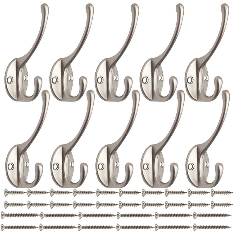 10 Pack Heavy Duty Dual Coat Hooks Wall Mounted with 40 Screws Retro Double Hooks Utility Black Hooks for Coat, Scarf, Bag, Towel, Key, Cap, Cup, Hat (Silvery) Silvery