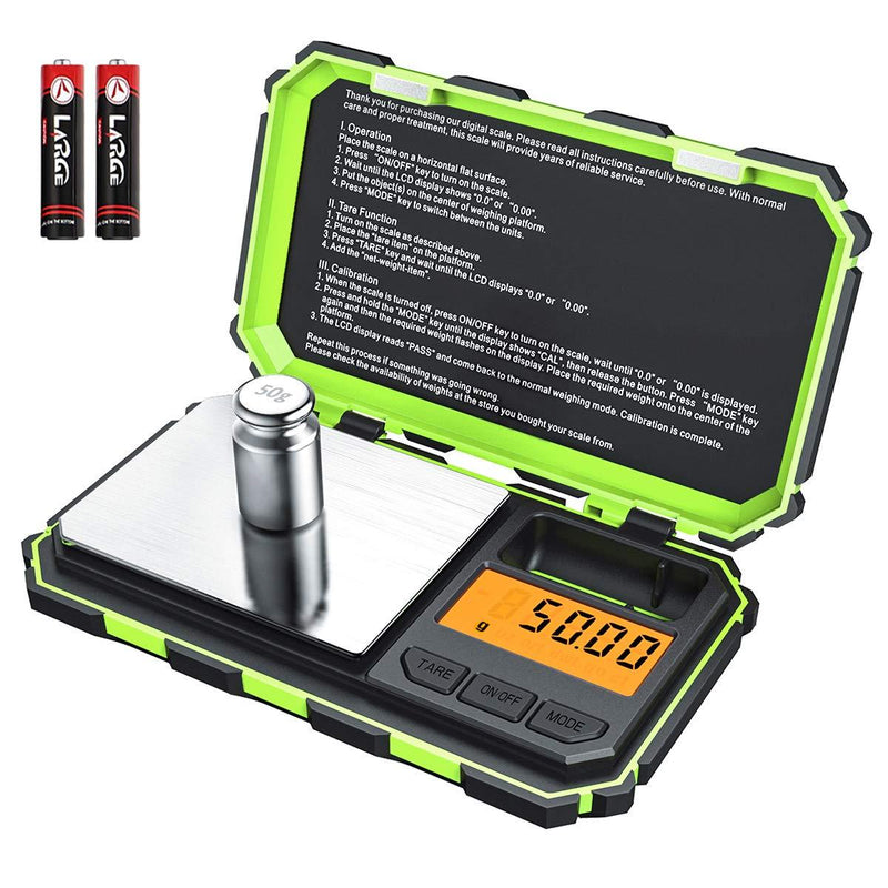 (Upgradaed) Brifit Digital Mini Scale, 200g /0.01g Pocket Scale, 50g calibration weight, Electronic Smart Scale, 6 Units, LCD Backlit Display, Tare, Auto Off, Stainless Steel (Battery Included) Green