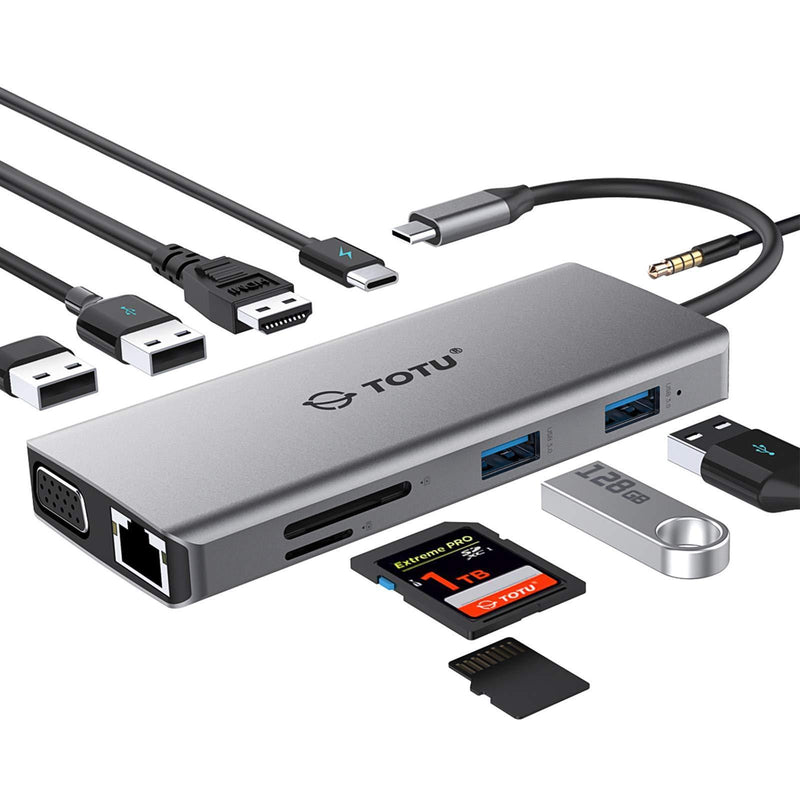 USB C Hub, Type C Hub, TOTU 11-in-1 Adapter with Ethernet, 4K USB C to HDMI, VGA, 2 USB3.0 2 USB2.0, Micro SD/TF Card Reader, Mic/Audio, USB-C PD 3.0, Compatible for Mac Pro and Other Type C Laptops