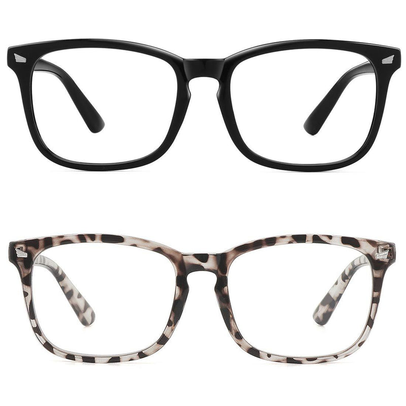 MEETSUN Blue Light Blocking Glasses, Anti Eye Strain Headache (Sleep Better),Computer Glasses UV400 Transparent Lens 2 Pack Black +Leopard Lens 53 Millimeters