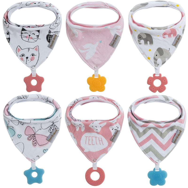 Baby Bandana Drool Bibs 6-Pack and Teething Toys 6-Pack Made with 100% Organic Cotton, Absorbent and Soft Unisex (Vuminbox) (6 - Pack Girl) Pink