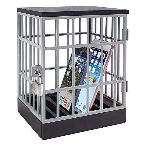 Mobile Phone Jail Cell Phones Prison Lock Up Safe Smartphone Stand Holders Classroom Home Table Office Storage Gadget -Family Time, Party Fun Novelty Gift Idea Grey + black
