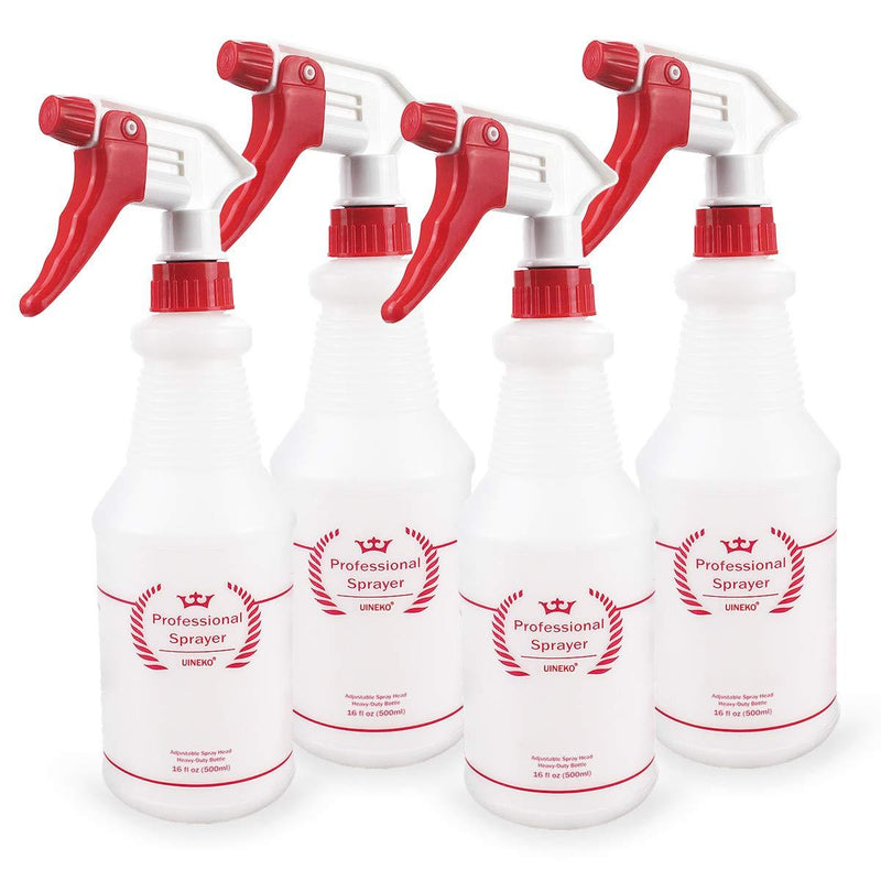 Uineko Plastic Spray Bottle (4 Pack, 16 Oz, All-Purpose) Heavy Duty Spraying Bottles Leak Proof Mist Empty Water Bottle for Cleaning Solution Planting Pet with Adjustable Nozzle and Measurements 16 Oz, 4 Pack