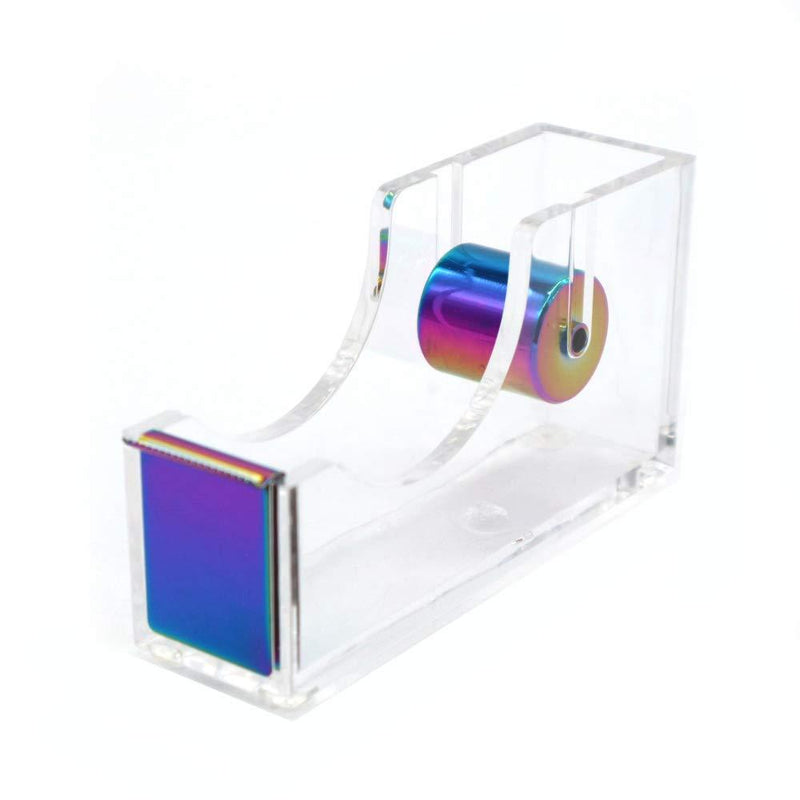 Rainbow Adhesive Tape Dispenser Clear Acrylic Body Desktop Tape Holder 1" Colorful Metal Core for Your Desk and Office Supplies Clear Rainbow