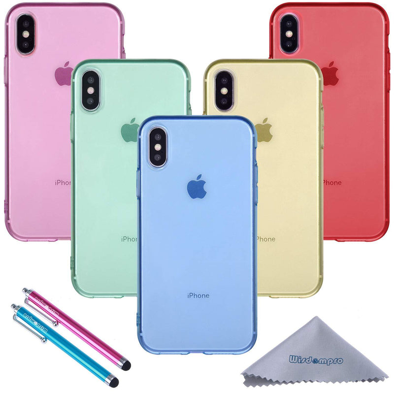 Wisdompro iPhone Xs Case, iPhone X Case, Bundle of 5 Pack Extra Thin Slim Jelly Soft TPU Gel Protective Case Cover for Apple iPhone X XS 10(Blue, Aqua Blue, Hot Pink, Yellow, Red)- Transparent Color [XS/X] 5-Color Clear