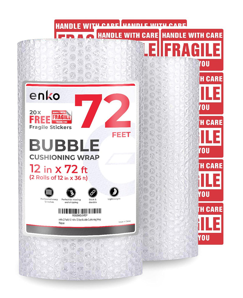 enKo (2 Pack) 12 inch x 72 feet Bubble Cushioning Wrap Roll Perforated 20 Fragile Sticker Labels for Moving Shipping Packing Boxes Supplies 2 Rolls: 12 in x 72 ft