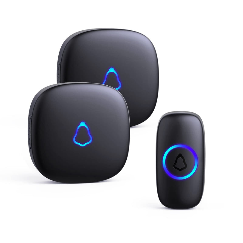 SECRUI Wireless Doorbell with 2 Receivers, Waterproof Mini Doorbell 1,000ft Range 110dB Mute Mode 58 Door Chimes & Colorful LED Flashing - Black 1 Push Button 2 Receivers