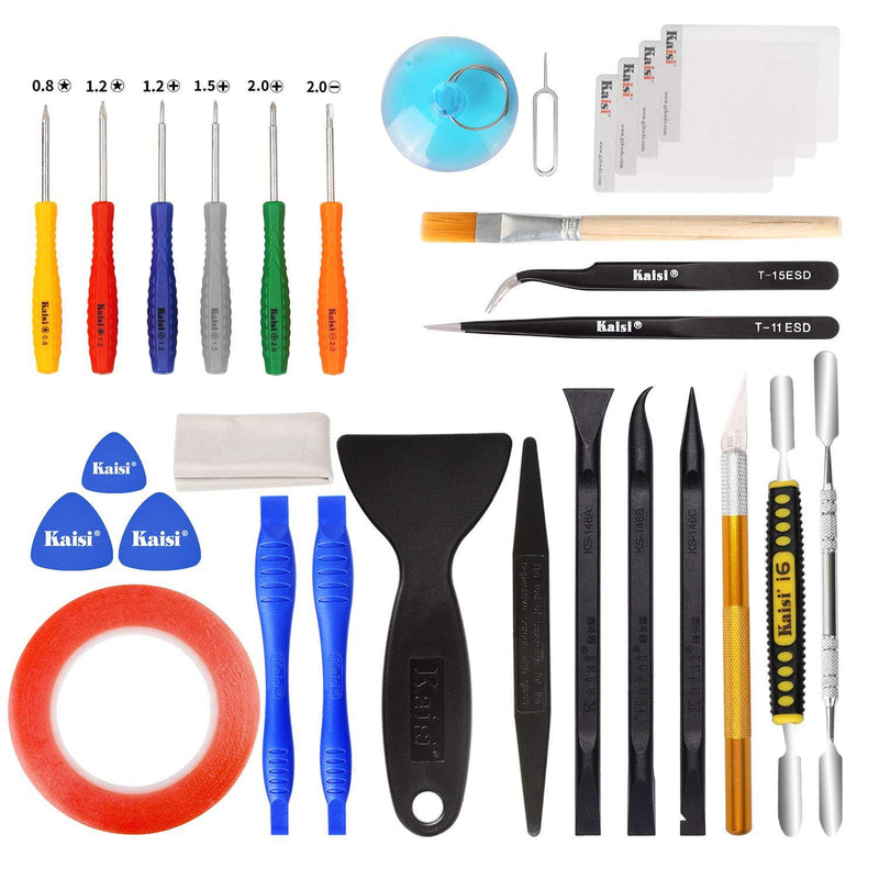 Kaisi 30 in 1 Professional Electronics Screen Opening Pry Tool Repair Kit with Steel and Carbon Fiber Nylon Spudgers, Double Side Adhesive Tape and 6 Screwdrivers for Open Cellphone, Laptops, Tablets