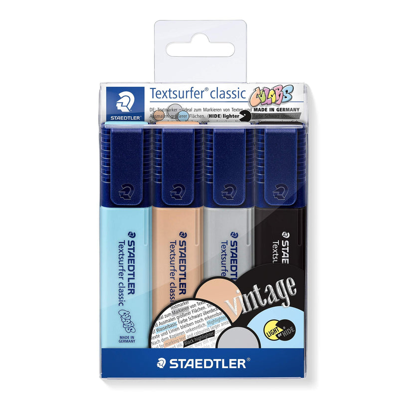 STAEDTLER Textsurfer Classic 364 Highlighter, Made in Germany, with Large Ink Reservoir for Extra Long Marking Performance, Case with 4 Colours, Vintage 364 CWP4 Four Assorted Colours