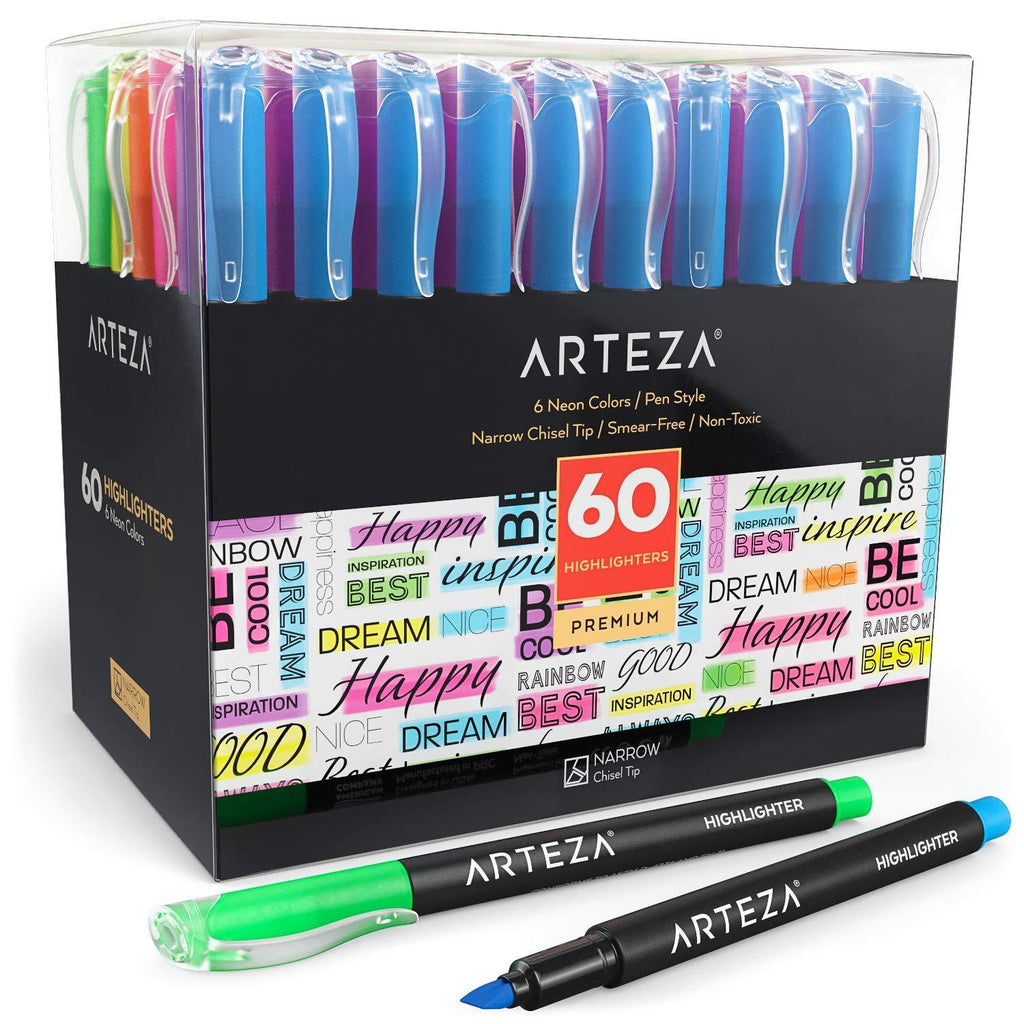 Arteza Highlighters, Set of 60, 12 Assorted Colors, Narrow Chisel Tip Markers, Bulk Pack of Neon Markers, Office Supplies for School, Office, or Home Pack 60