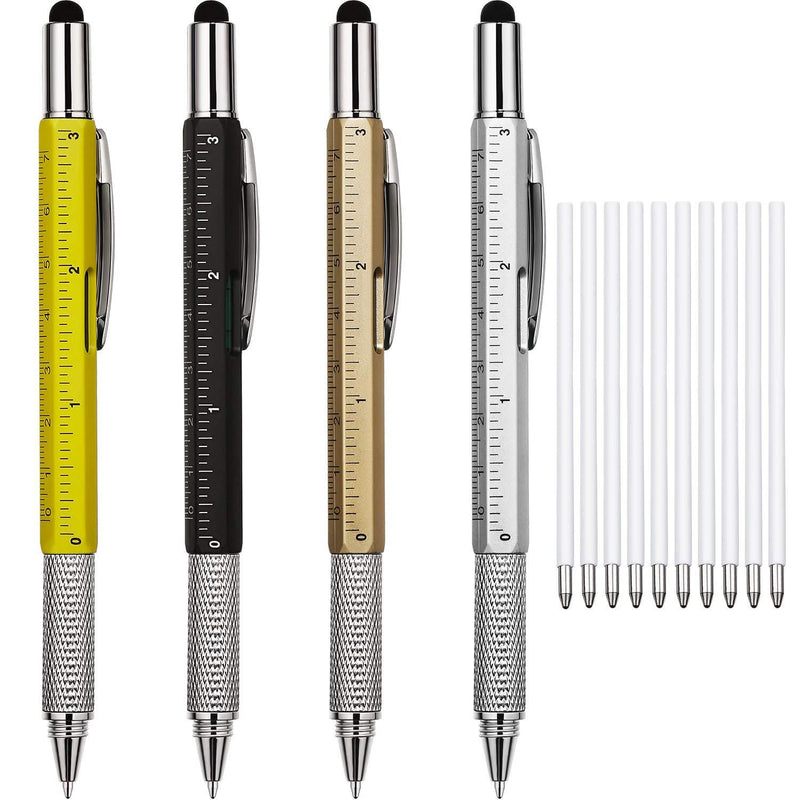 4 Pieces Gift Pen for Men 6 in 1 Multitool Tech Tool Pen Screwdriver Pen with Ruler, Levelgauge, Ballpoint Pen and Pen Refills, Unique Gifts for Men (Gold, Black, Silver, Yellow) Gold, Black, Silver, Yellow