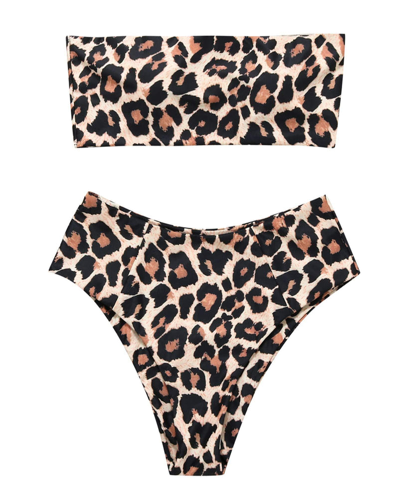 OMKAGI Women's 2 Pieces Bandeau Bikini Swimsuits Off Shoulder High Waist Bathing Suit High Cut Small 0-apricot Leopard