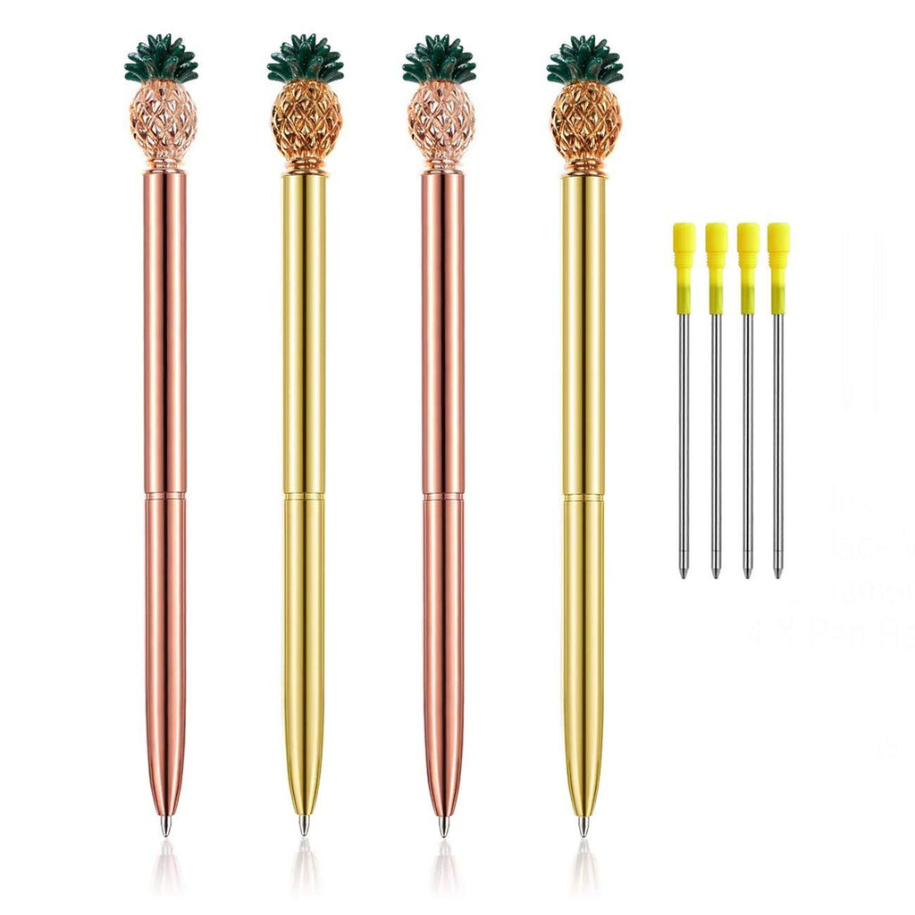 PASISIBICK Pineapple Pens,Bling Metal Ballpoint Pens with Green Leaf and Black Ink Refills（4PCS） 4 Green Leaf Pineapple Pens