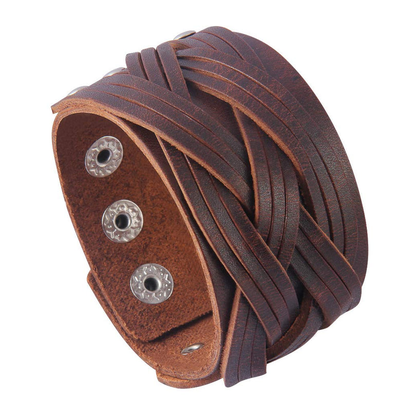 GelConnie Leather Cuff Bracelet Punk Faux Leather Bracelet Brown Mens Leather Bracelet Braided Wrap Bracelet Viking Bangle Handmade Woven Wristband for Women, Men Style LPB302-Brown