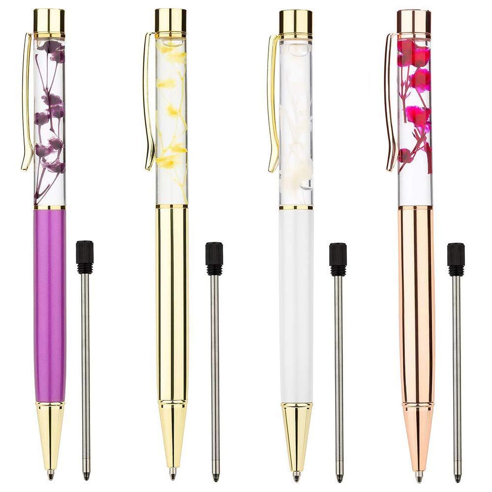 Herisa Flower Pens, 4 Pcs Metal Refills Dynamic Liquid Ballpoint Pens Office Supplies 0.7mm Black Ink 4 Colour Gold/Purple/White/Rose Gold Flower Pens 4 Colors