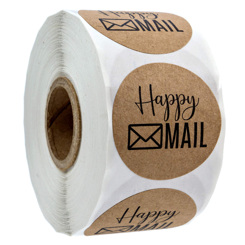 1.5" Round Kraft Happy Mail Stickers / 500 Labels Per Roll