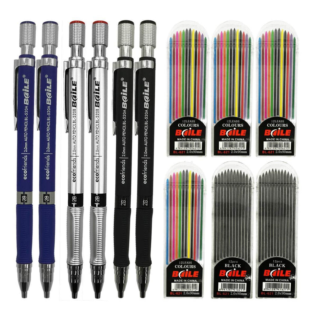 JYsun 6pcs 2mm Mechanical Pencils with 4 Cases Color Lead Refills and 2 Cases Black Refills for Art Sketching Carpenter Draft Drawing Writing Crafting