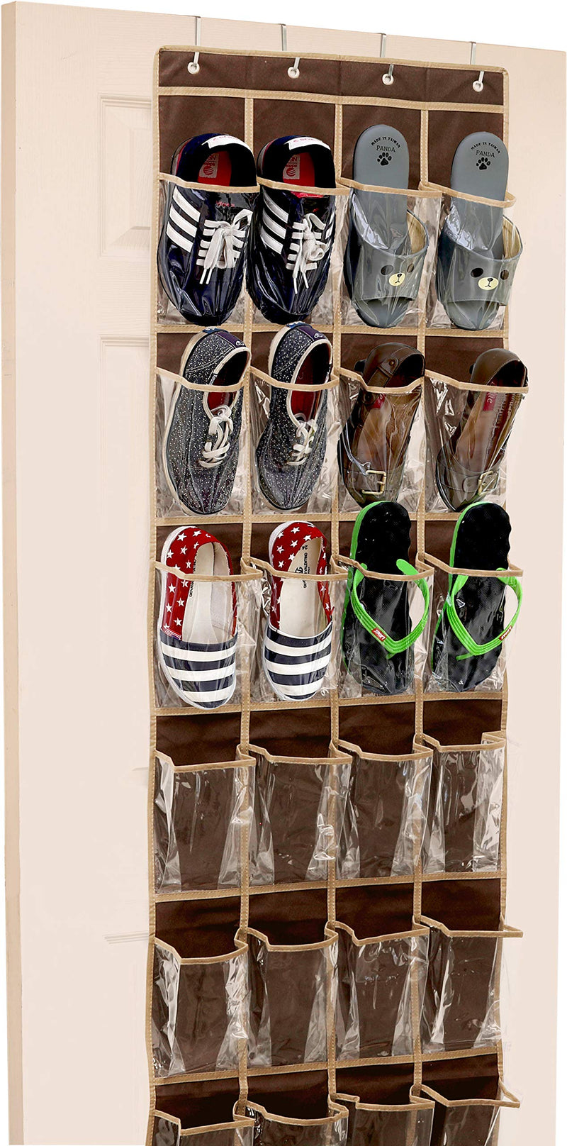 24 Pockets - SimpleHouseware Crystal Clear Over The Door Hanging Shoe Organizer, Brown 24 Clear Pockets