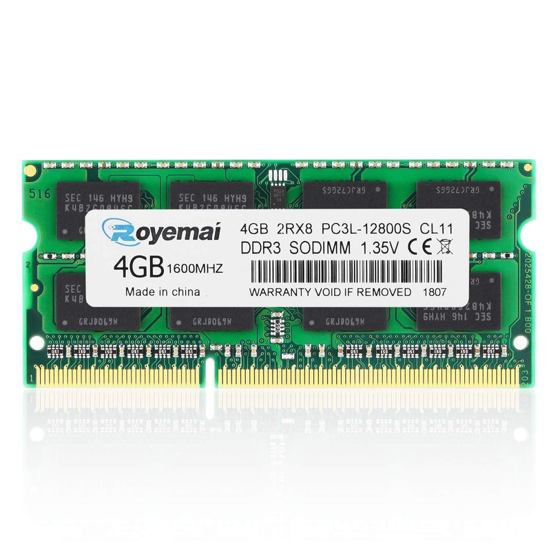 4GB DDR3 / DDR3L 1600MHz SODIMM RAM, Royemai PC3L-12800 2Rx8 1.35V 1.5V CL11 204-pin Notebook Laptop RAM Memory Module DDR3L 12800 1x4G-12800SL-Green
