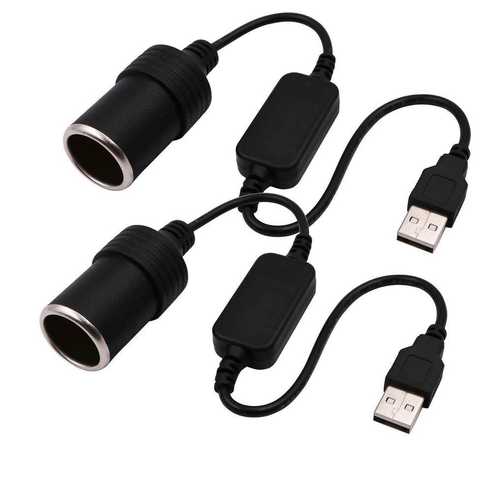 USB A Male to 12V Car Cigarette Lighter Socket Female Converter Cable 2-Pack black