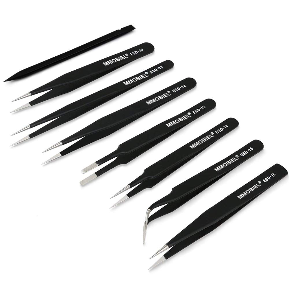 MMOBIEL 7x Precision Tweezers Set - Anti-Static Stainless Steel ESD Tweezers - For Electronics, Laboratory Work, Jewelry, Craft, Soldering and more