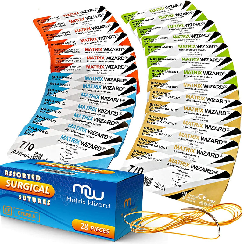 Mixed Sutures Thread with Needle (28 PK Dissolvable and Non-Dissolvable: 0, 2-0, 3-0, 4-0, 5-0, 6-0, 7-0) - First Aid Field Camping Emergency Practice; Medical and Nursing Surgical Training Suture Kit