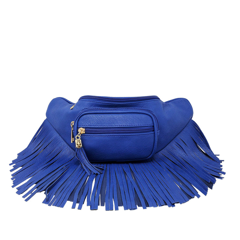 Solene Womens Fringe Tassel Fanny Pack With Faux Leather Coachella Travel Festival Multi Zipper Bag Royal Blue