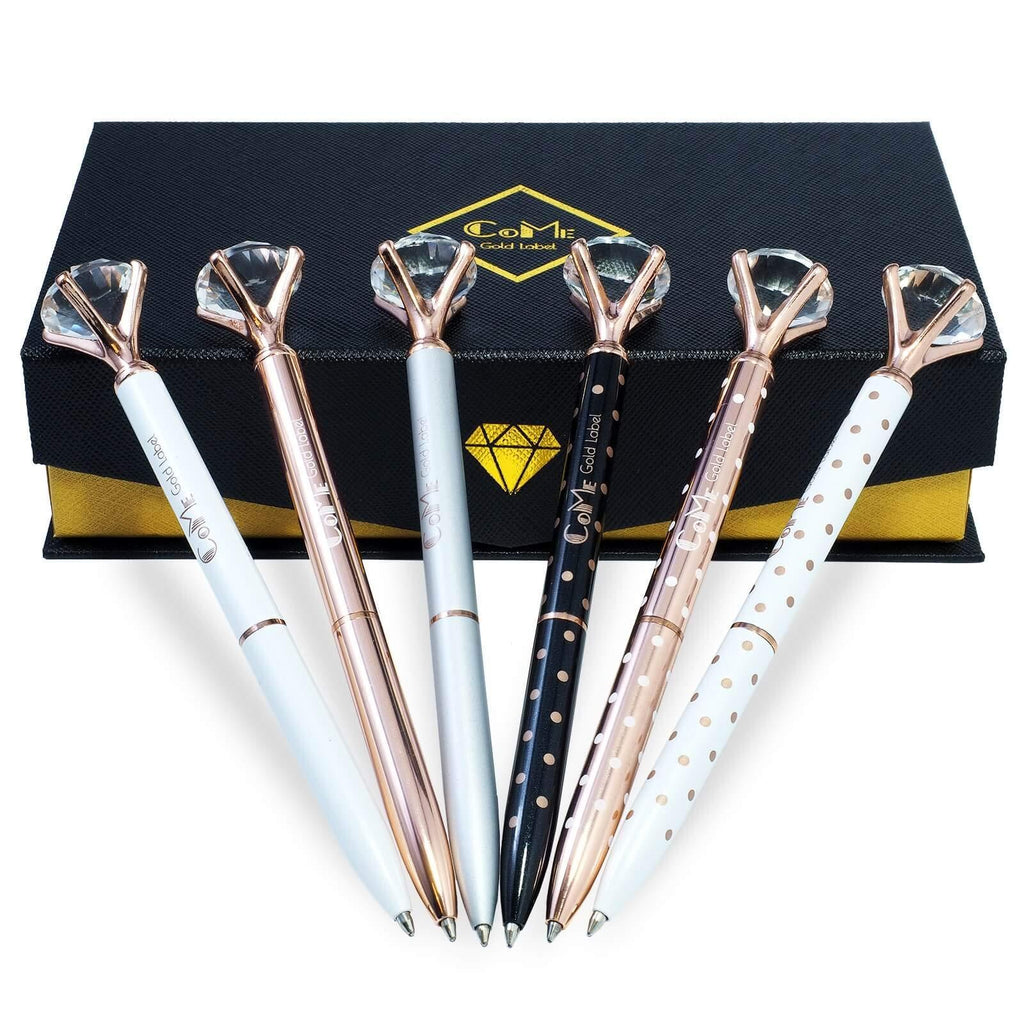 Set of 6 PCS Big Crystal Diamond Pens in Gift Box - Rose Gold Silver White Fancy Cute Fun Bling Top Ballpoint Writing Pen, Blue & Black Ink - Bulk School Desk Office Supplies for Women Girls Coworkers