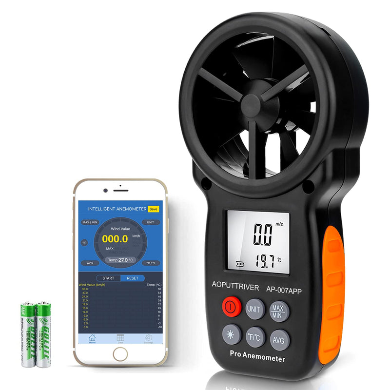 AOPUTTRIVER Bluetooth Anemometer AP-007APP Handheld Anemometer Wind Speed Meter Measuring Wind Speed/Temperature with Backlit and Max/Min/AVG for Shooting, Sailling, Flying, Climbing, HVAC