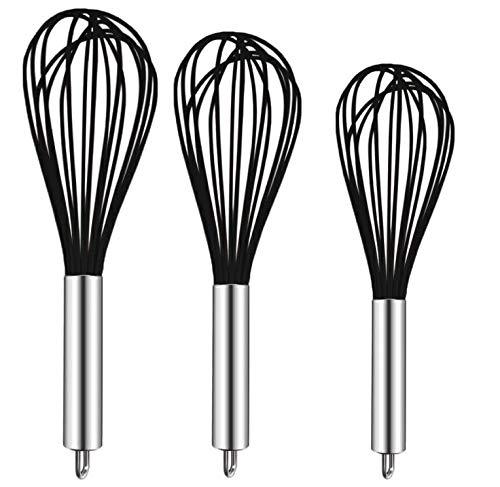 TEEVEA (Upgraded) 3 Pack Very Sturdy Kitchen Silicone Whisk Balloon Wire Whisk Set Egg Beater for Blending Whisking Beating Stirring Cooking Baking Silicone Whisk Black 3 Pack