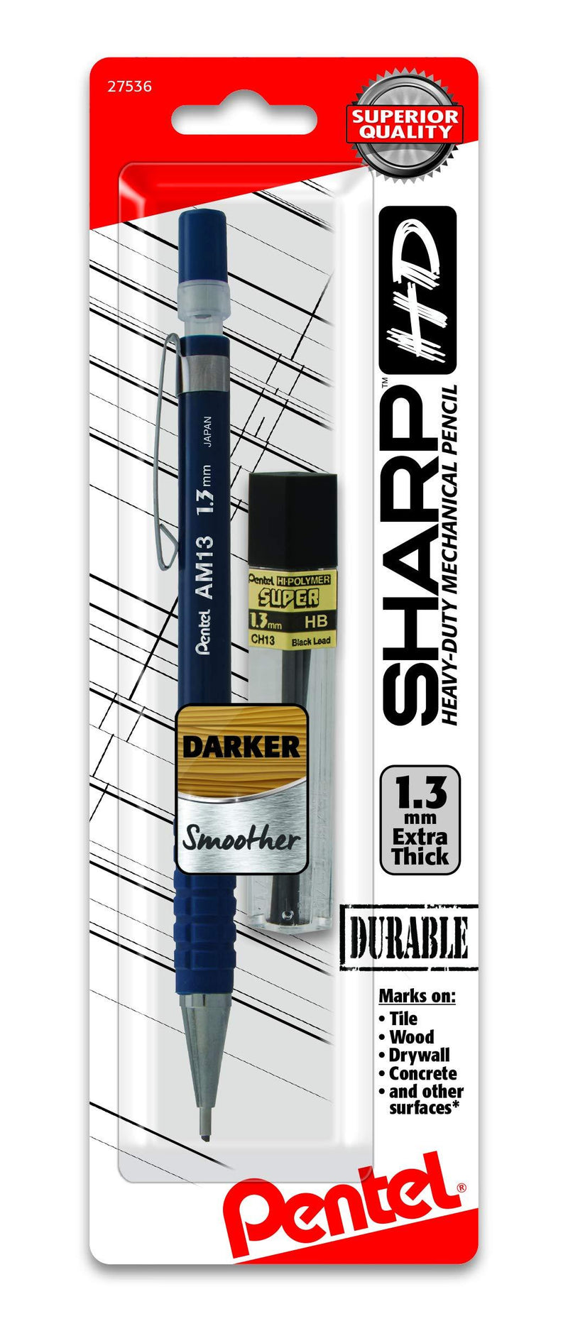 Pentel Sharp HD Mechanical Pencil (1.3mm), Dark Blue Barrel, (1) Super Hi-Polymer Lead Refill (AM13LBP)