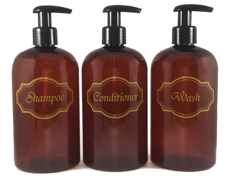 Bottiful Home-16 oz Amber Shampoo, Conditioner, Wash Shower Soap Dispensers-3 Refillable Empty PET Plastic Pump Bottle Shower Containers-Printed Design-Waterproof, Rust-Free, Clog-Free, Drip-Free Amber/Gold/Black