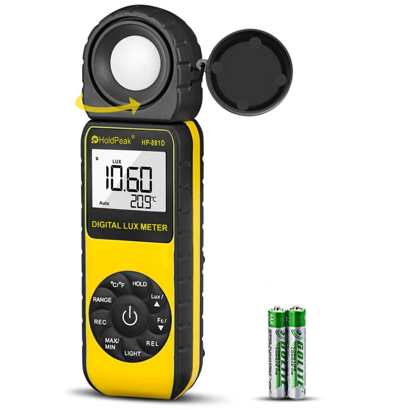 Light Meter HOLDPEAK HP-881D Digital Lux Meter 0.01-400,000 Lux /1-40,000 FC Measuring Ranges and 270° Rotatable Detector for LED Lights and Plants Lumen Meter Y-HP-881D(0.01-400,000 Lux /1-40,000 FC)