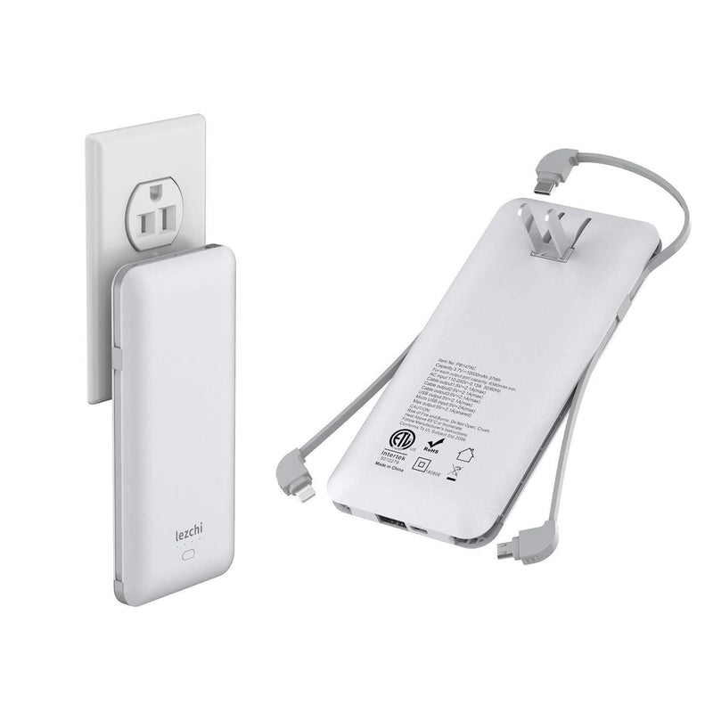 Portable Power Bank, Ultra Slim 10000mAh Portable Charger, USB C External Battery Pack with Built-in AC Plug, Charging Cable, Output Port, Compatible with All Kinds of Cellphones … White