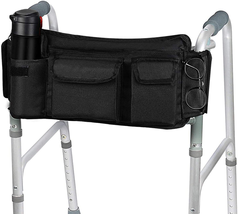 supregear Walker Bag, Folding Walker Basket Organizer Pouch Tote with Multiple Pockets and Zippered Compartment for Walker Rollator Scooters Wheelchair, Hook & Loop Design Storage Bag (Black) Black