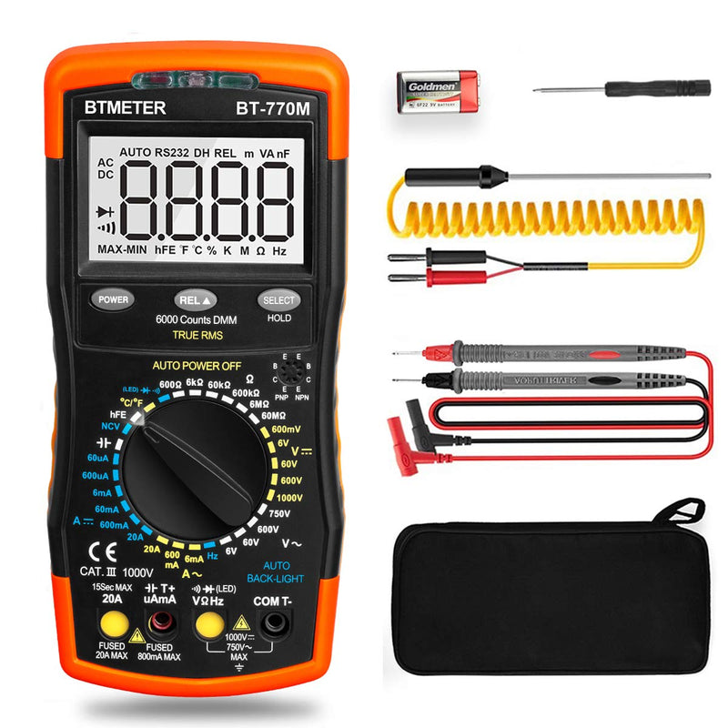 Digital Multimeter TRMS 6000 Count, BTMETER BT-770M Auto/Manual Ranging DMM Electrical Meter Tester for AC/DC Amp, AC/DC Volt, Ohm Capacitance Frequency Continuity Temperature NCV, Auto Backlight BT-770M Manual Ranging