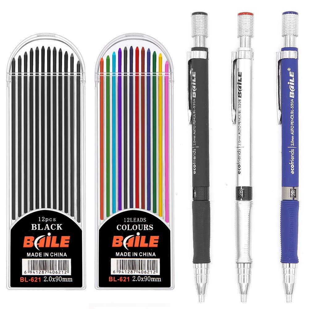 3 Pieces 2.0 mm 2B Mechanical Pencil,Automatic Pencils with 2 Cases Lead Refills, Color and Black Refills For Draft Drawing, Carpenter, Writing, Crafting, Art Sketching(Blue, Black And Silver)