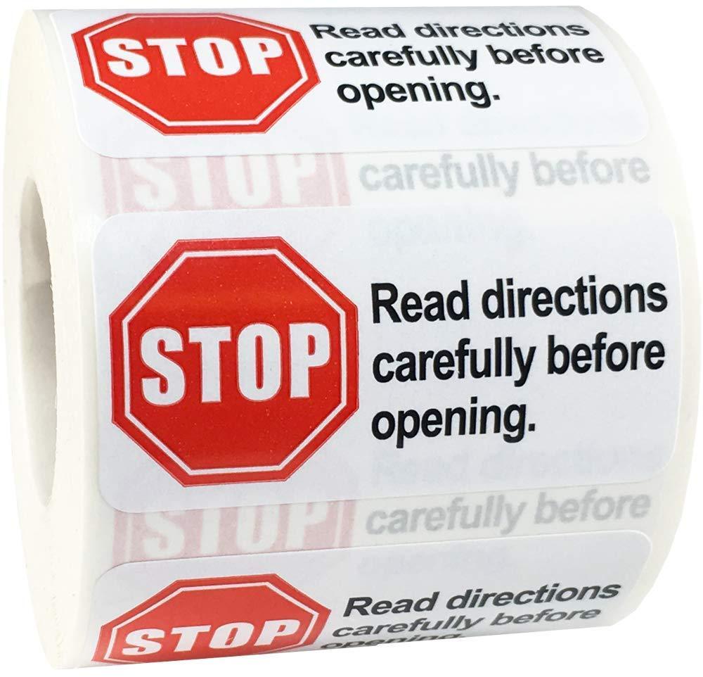 Stop Read Directions Carefully Before Opening Warning Labels 1 x 2 Inch Rectangle 500 Adhesive Stickers