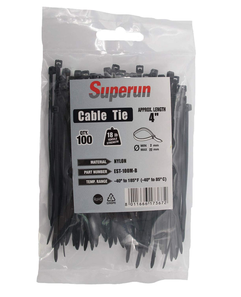 Superun Black Zip Ties 4 Inch, 18 Lbs Tensile Strength Wire Ties (Industrial Grade Cable Ties) Pack of 100