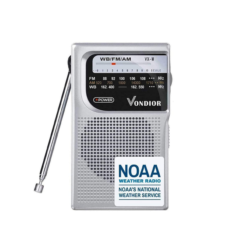 NOAA Weather Radio - Emergency NOAA/AM/FM Battery Operated Portable Radio with Best Reception and Longest Lasting Transistor. Powered by 2 AA Battery with Mono Headphone Socket, by Vondior (Silver) NOAA Weather Radio