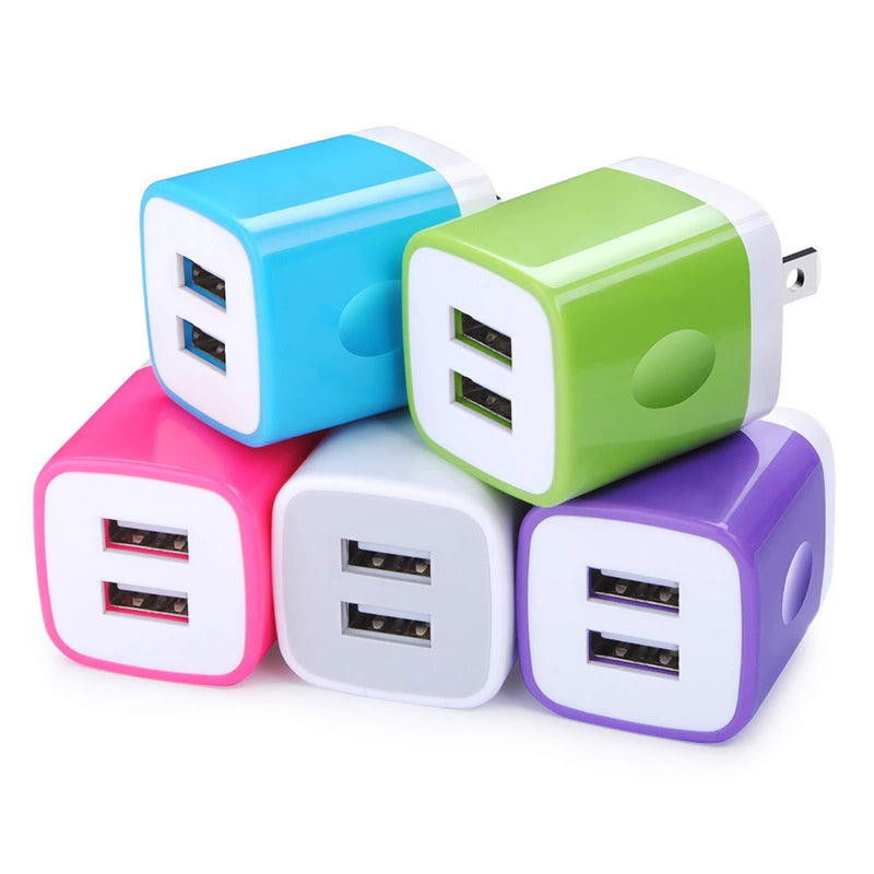 USB Wall Charger, FiveBox 5Pack 2.1A Dual Port USB Adapter Wall Charger USB Plug Charging Block Charger Brick Charger Cube Charger Box Compatible iPhone 11/Xs/XR/X/8/7/6, Samsung, Android, LG, Moto