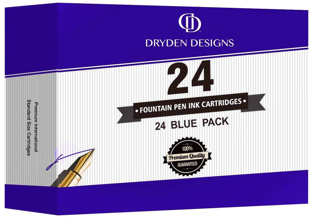 Dryden Designs Fountain Pen Ink Cartridges - SET OF 24 BLUE INK CARTRIDGES - Short International Standard Size - Disposable and Generic Ink Refill Cartridges - Perfect for Calligraphy Blue Ink Cartridges [24 PACK]