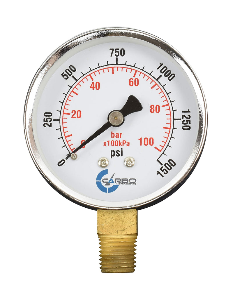 CARBO Instruments 2-1/2" Pressure Gauge, Chrome Plated Steel Case, Dry, 0-1500 psi/kPa, Lower Mount 1/4" NPT