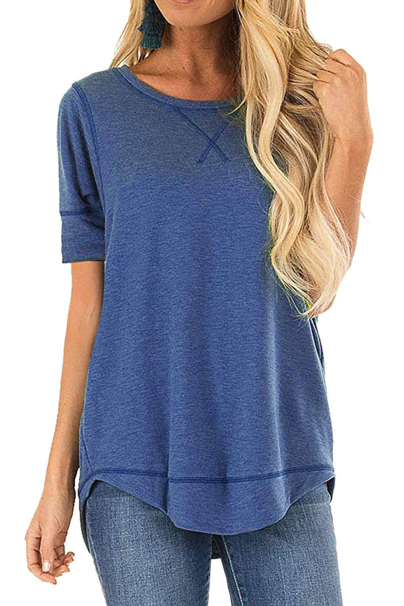 JomeDesign Summer Tops for Women Short Sleeve Side Split Casual Loose Tunic Top Small Blue