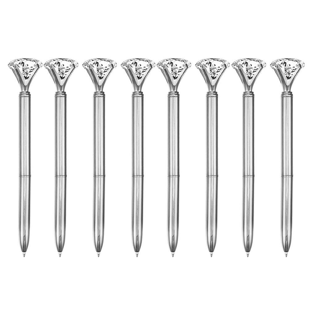 CLARA 8 Pcs Big Diamond Pens Rhinestone Crystal Metal Ballpoint Pen Black Ink Silver Diamond Silver